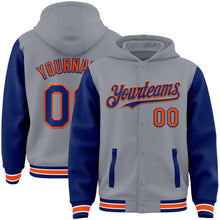 Загрузить изображение в средство просмотра галереи, Custom Gray Royal-Orange Bomber Full-Snap Varsity Letterman Two Tone Hoodie Jacket
