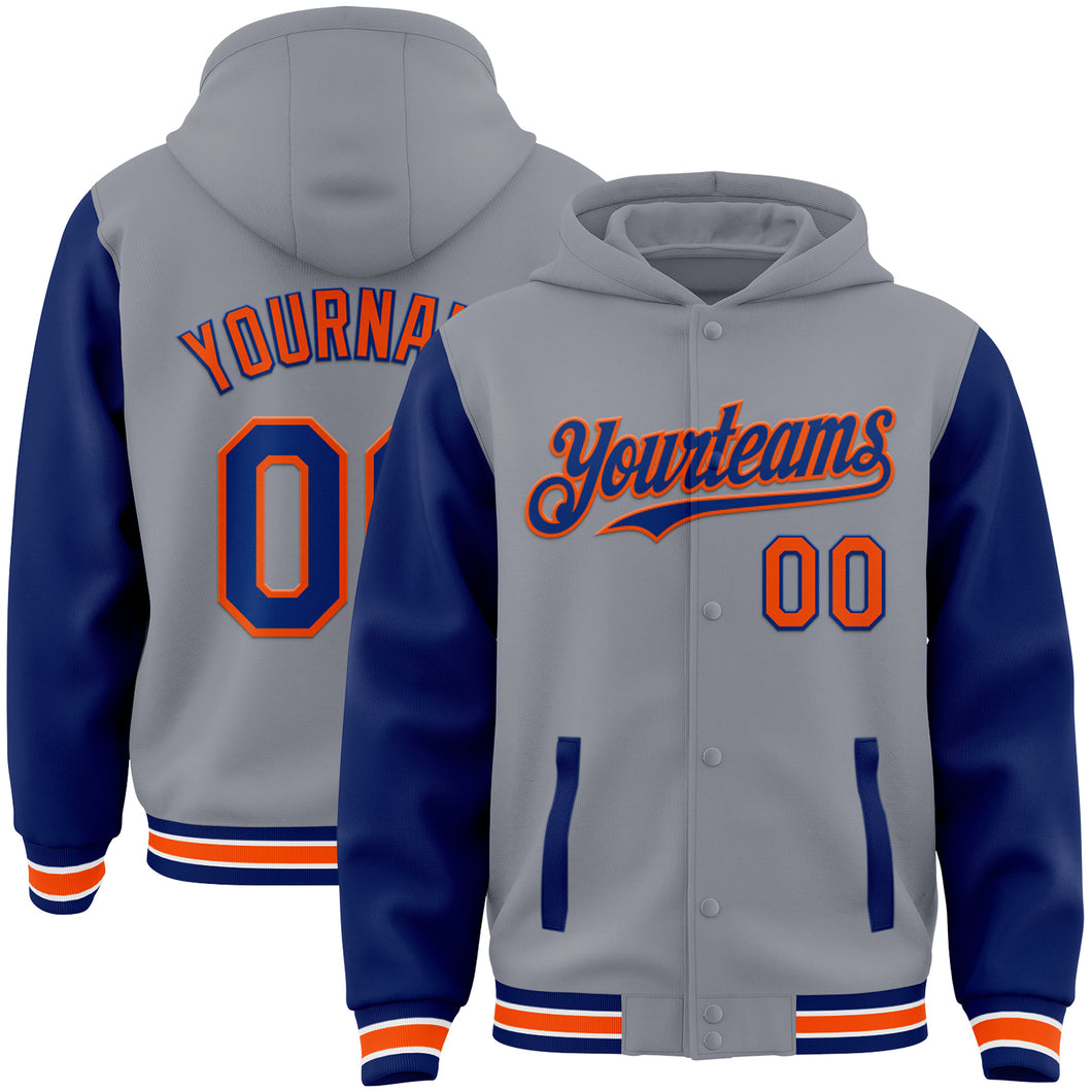 Custom Gray Royal-Orange Bomber Full-Snap Varsity Letterman Two Tone Hoodie Jacket