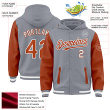 Загрузить изображение в средство просмотра галереи, Custom Gray Texas Orange-White Bomber Full-Snap Varsity Letterman Two Tone Hoodie Jacket
