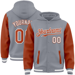 Custom Gray Texas Orange-White Bomber Full-Snap Varsity Letterman Two Tone Hoodie Jacket