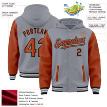 Загрузить изображение в средство просмотра галереи, Custom Gray Texas Orange-Black Bomber Full-Snap Varsity Letterman Two Tone Hoodie Jacket
