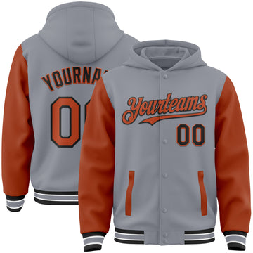 Custom Gray Texas Orange-Black Bomber Full-Snap Varsity Letterman Two Tone Hoodie Jacket