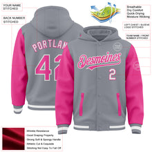 Загрузить изображение в средство просмотра галереи, Custom Gray Pink-White Bomber Full-Snap Varsity Letterman Two Tone Hoodie Jacket
