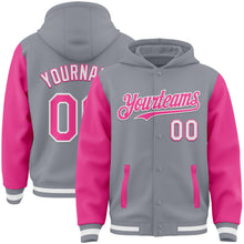 Загрузить изображение в средство просмотра галереи, Custom Gray Pink-White Bomber Full-Snap Varsity Letterman Two Tone Hoodie Jacket
