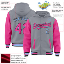 Загрузить изображение в средство просмотра галереи, Custom Gray Pink Black-Light Blue Bomber Full-Snap Varsity Letterman Two Tone Hoodie Jacket
