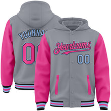 Загрузить изображение в средство просмотра галереи, Custom Gray Pink Black-Light Blue Bomber Full-Snap Varsity Letterman Two Tone Hoodie Jacket
