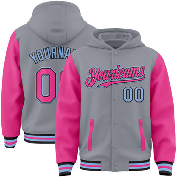 Custom Gray Pink Black-Light Blue Bomber Full-Snap Varsity Letterman Two Tone Hoodie Jacket