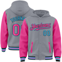 Загрузить изображение в средство просмотра галереи, Custom Gray Pink Black-Sky Blue Bomber Full-Snap Varsity Letterman Two Tone Hoodie Jacket
