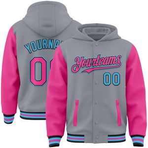 Custom Gray Pink Black-Sky Blue Bomber Full-Snap Varsity Letterman Two Tone Hoodie Jacket