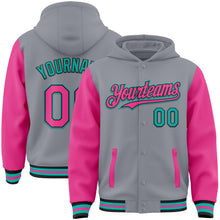 Загрузить изображение в средство просмотра галереи, Custom Gray Pink Black-Aqua Bomber Full-Snap Varsity Letterman Two Tone Hoodie Jacket
