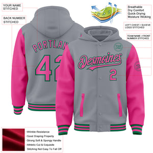 Custom Gray Pink-Kelly Green Bomber Full-Snap Varsity Letterman Two Tone Hoodie Jacket