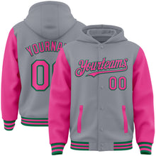 Загрузить изображение в средство просмотра галереи, Custom Gray Pink-Kelly Green Bomber Full-Snap Varsity Letterman Two Tone Hoodie Jacket
