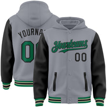 Загрузить изображение в средство просмотра галереи, Custom Gray Kelly Green Black-Cream Bomber Full-Snap Varsity Letterman Two Tone Hoodie Jacket
