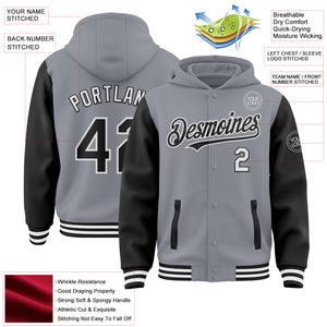 Custom Gray Black-White Bomber Full-Snap Varsity Letterman Two Tone Hoodie Jacket