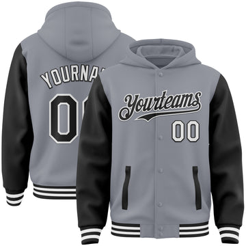 Custom Gray Black-White Bomber Full-Snap Varsity Letterman Two Tone Hoodie Jacket