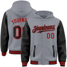 Загрузить изображение в средство просмотра галереи, Custom Gray Black-Red Bomber Full-Snap Varsity Letterman Two Tone Hoodie Jacket
