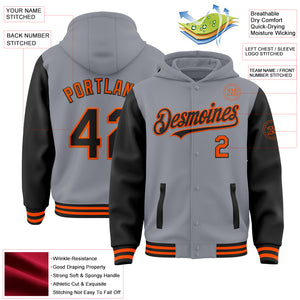 Custom Gray Black-Orange Bomber Full-Snap Varsity Letterman Two Tone Hoodie Jacket