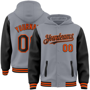 Custom Gray Black-Orange Bomber Full-Snap Varsity Letterman Two Tone Hoodie Jacket