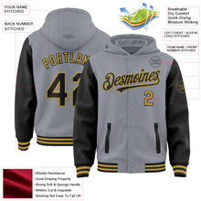 Загрузить изображение в средство просмотра галереи, Custom Gray Black-Old Gold Bomber Full-Snap Varsity Letterman Two Tone Hoodie Jacket
