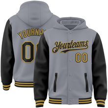 Загрузить изображение в средство просмотра галереи, Custom Gray Black-Old Gold Bomber Full-Snap Varsity Letterman Two Tone Hoodie Jacket
