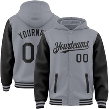 Загрузить изображение в средство просмотра галереи, Custom Gray Black Bomber Full-Snap Varsity Letterman Two Tone Hoodie Jacket
