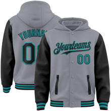 Загрузить изображение в средство просмотра галереи, Custom Gray Black-Teal Bomber Full-Snap Varsity Letterman Two Tone Hoodie Jacket
