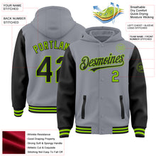 Загрузить изображение в средство просмотра галереи, Custom Gray Black-Neon Green Bomber Full-Snap Varsity Letterman Two Tone Hoodie Jacket
