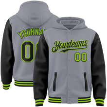 Загрузить изображение в средство просмотра галереи, Custom Gray Black-Neon Green Bomber Full-Snap Varsity Letterman Two Tone Hoodie Jacket
