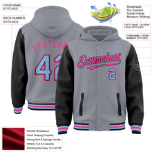 Загрузить изображение в средство просмотра галереи, Custom Gray Light Blue Black-Pink Bomber Full-Snap Varsity Letterman Two Tone Hoodie Jacket
