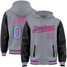 Загрузить изображение в средство просмотра галереи, Custom Gray Light Blue Black-Pink Bomber Full-Snap Varsity Letterman Two Tone Hoodie Jacket
