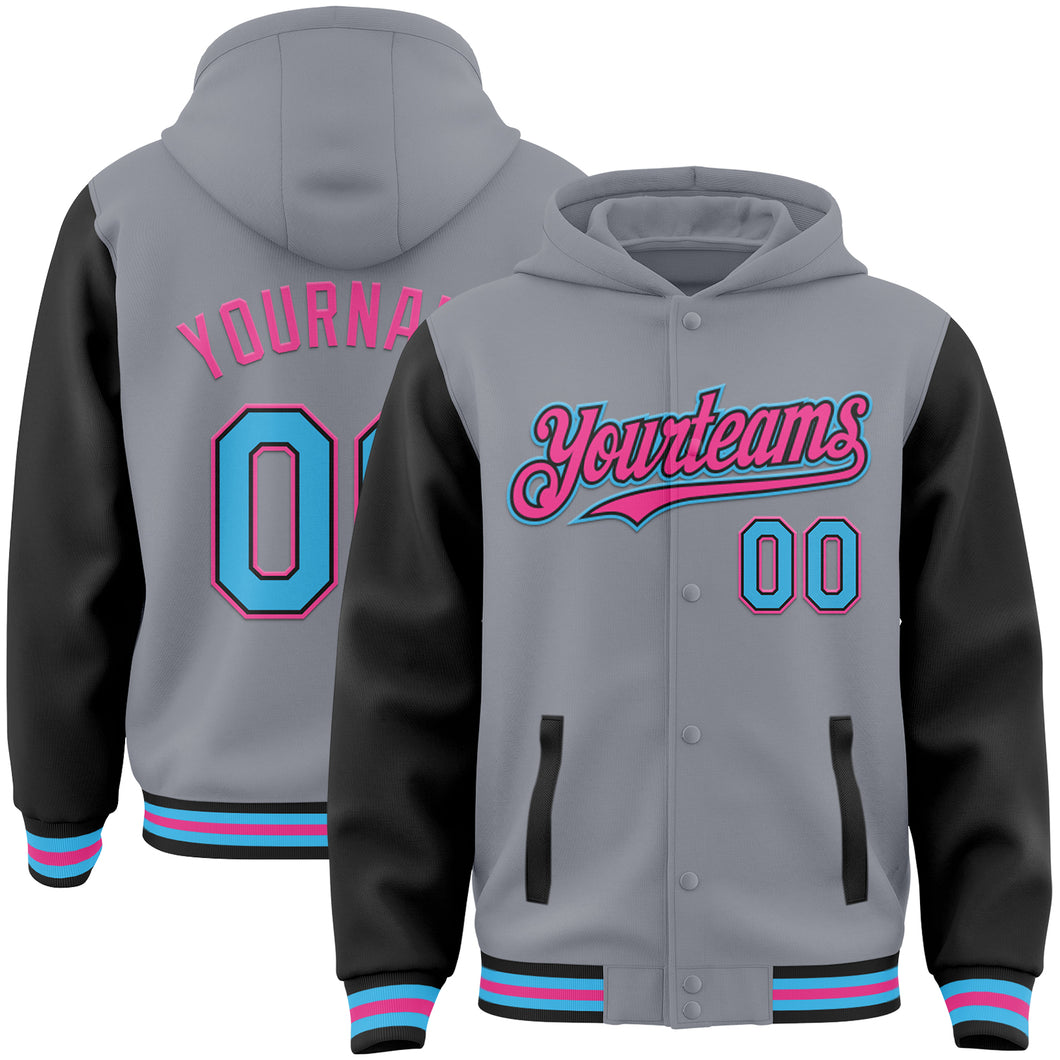 Custom Gray Sky Blue Black-Pink Bomber Full-Snap Varsity Letterman Two Tone Hoodie Jacket