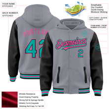 Загрузить изображение в средство просмотра галереи, Custom Gray Aqua Black-Pink Bomber Full-Snap Varsity Letterman Two Tone Hoodie Jacket
