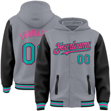 Загрузить изображение в средство просмотра галереи, Custom Gray Aqua Black-Pink Bomber Full-Snap Varsity Letterman Two Tone Hoodie Jacket
