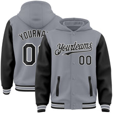 Загрузить изображение в средство просмотра галереи, Custom Gray Black-White Bomber Full-Snap Varsity Letterman Two Tone Hoodie Jacket
