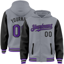 Загрузить изображение в средство просмотра галереи, Custom Gray Purple-Black Bomber Full-Snap Varsity Letterman Two Tone Hoodie Jacket
