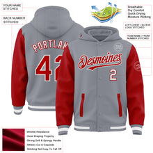 Загрузить изображение в средство просмотра галереи, Custom Gray Red-White Bomber Full-Snap Varsity Letterman Two Tone Hoodie Jacket
