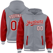 Загрузить изображение в средство просмотра галереи, Custom Gray Red-White Bomber Full-Snap Varsity Letterman Two Tone Hoodie Jacket
