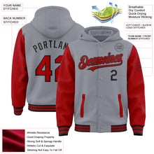 Загрузить изображение в средство просмотра галереи, Custom Gray Red-Black Bomber Full-Snap Varsity Letterman Two Tone Hoodie Jacket
