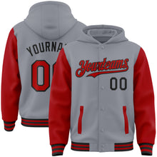 Загрузить изображение в средство просмотра галереи, Custom Gray Red-Black Bomber Full-Snap Varsity Letterman Two Tone Hoodie Jacket
