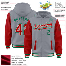 Загрузить изображение в средство просмотра галереи, Custom Gray Red-Kelly Green Bomber Full-Snap Varsity Letterman Two Tone Hoodie Jacket
