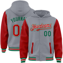 Загрузить изображение в средство просмотра галереи, Custom Gray Red-Kelly Green Bomber Full-Snap Varsity Letterman Two Tone Hoodie Jacket
