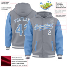 Загрузить изображение в средство просмотра галереи, Custom Gray Light Blue-White Bomber Full-Snap Varsity Letterman Two Tone Hoodie Jacket
