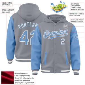 Custom Gray Light Blue-White Bomber Full-Snap Varsity Letterman Two Tone Hoodie Jacket