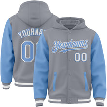 Загрузить изображение в средство просмотра галереи, Custom Gray Light Blue-White Bomber Full-Snap Varsity Letterman Two Tone Hoodie Jacket
