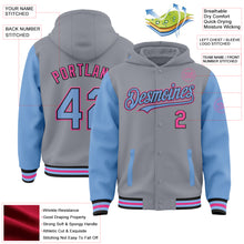 Загрузить изображение в средство просмотра галереи, Custom Gray Light Blue Black-Pink Bomber Full-Snap Varsity Letterman Two Tone Hoodie Jacket
