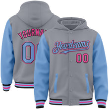 Загрузить изображение в средство просмотра галереи, Custom Gray Light Blue Black-Pink Bomber Full-Snap Varsity Letterman Two Tone Hoodie Jacket
