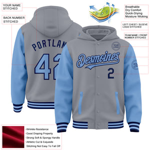 Custom Gray Light Blue-Navy Bomber Full-Snap Varsity Letterman Two Tone Hoodie Jacket