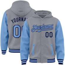 Загрузить изображение в средство просмотра галереи, Custom Gray Light Blue-Navy Bomber Full-Snap Varsity Letterman Two Tone Hoodie Jacket
