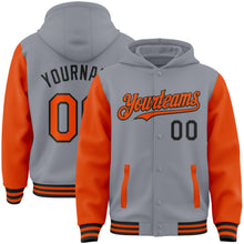 Загрузить изображение в средство просмотра галереи, Custom Gray Orange-Black Bomber Full-Snap Varsity Letterman Two Tone Hoodie Jacket
