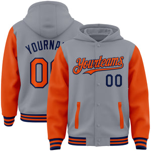 Custom Gray Orange-Navy Bomber Full-Snap Varsity Letterman Two Tone Hoodie Jacket